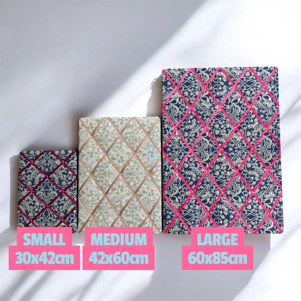 Handmade Fabric Noticeboard ~ Trailing Thistle in Navy, Hot Pink ribbon