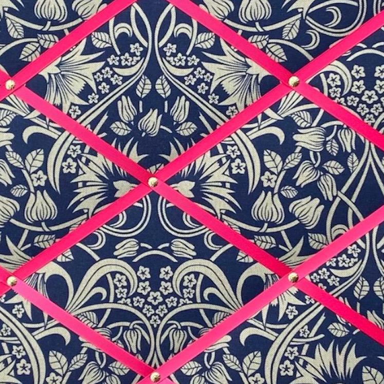 Handmade Fabric Noticeboard ~ Trailing Thistle in Navy, Hot Pink ribbon