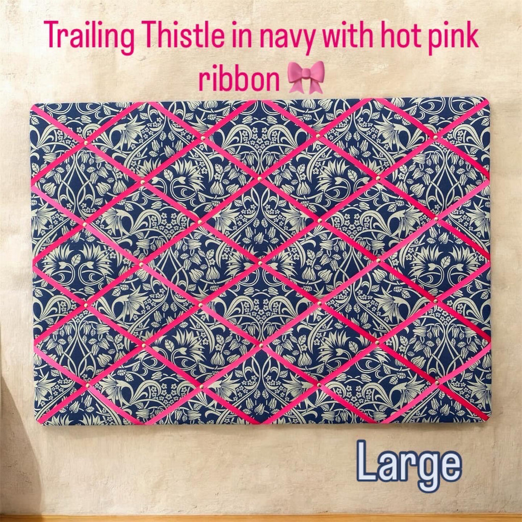 Handmade Fabric Noticeboard ~ Trailing Thistle in Navy, Hot Pink ribbon