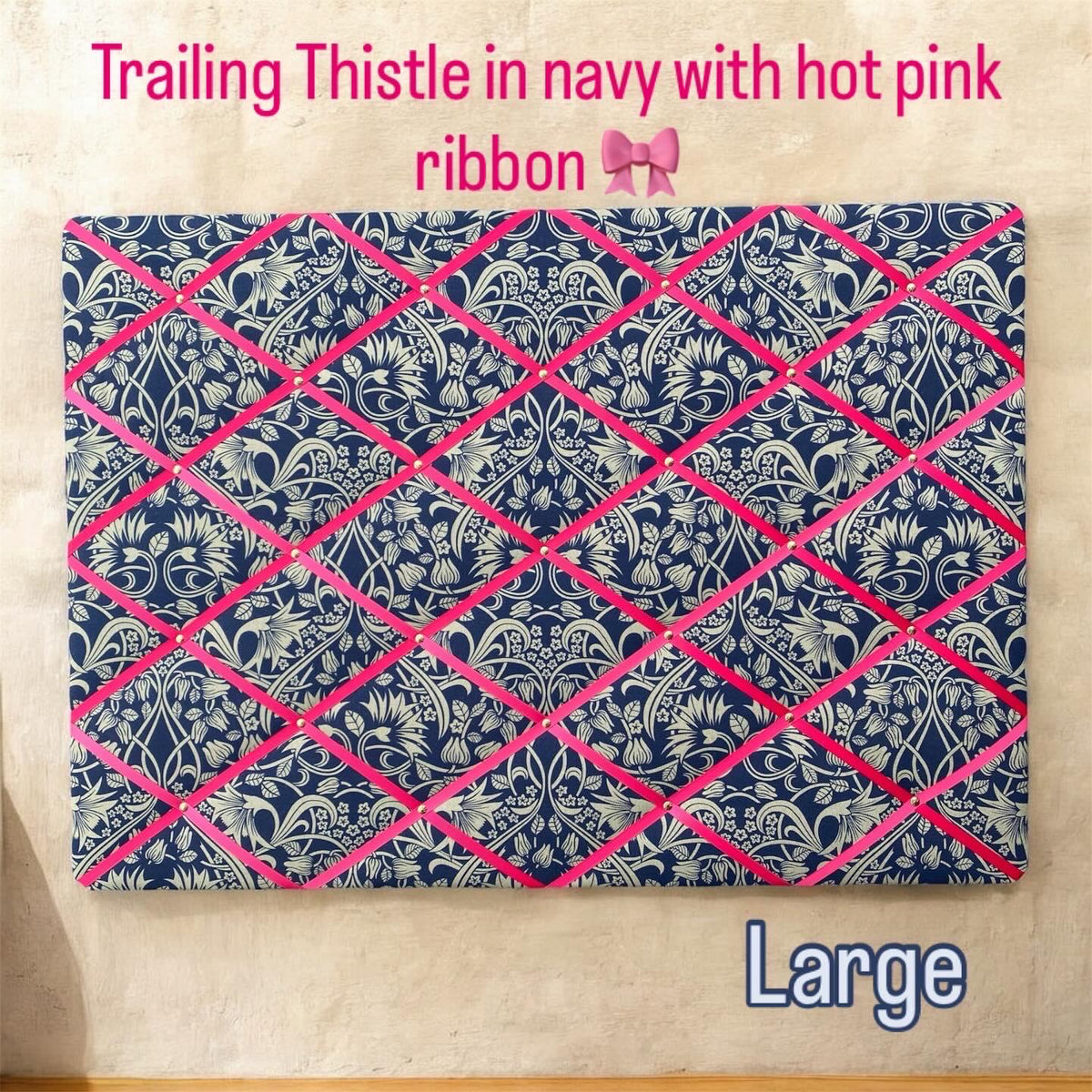 Handmade Fabric Noticeboard ~ Trailing Thistle in Navy, Hot Pink ribbon