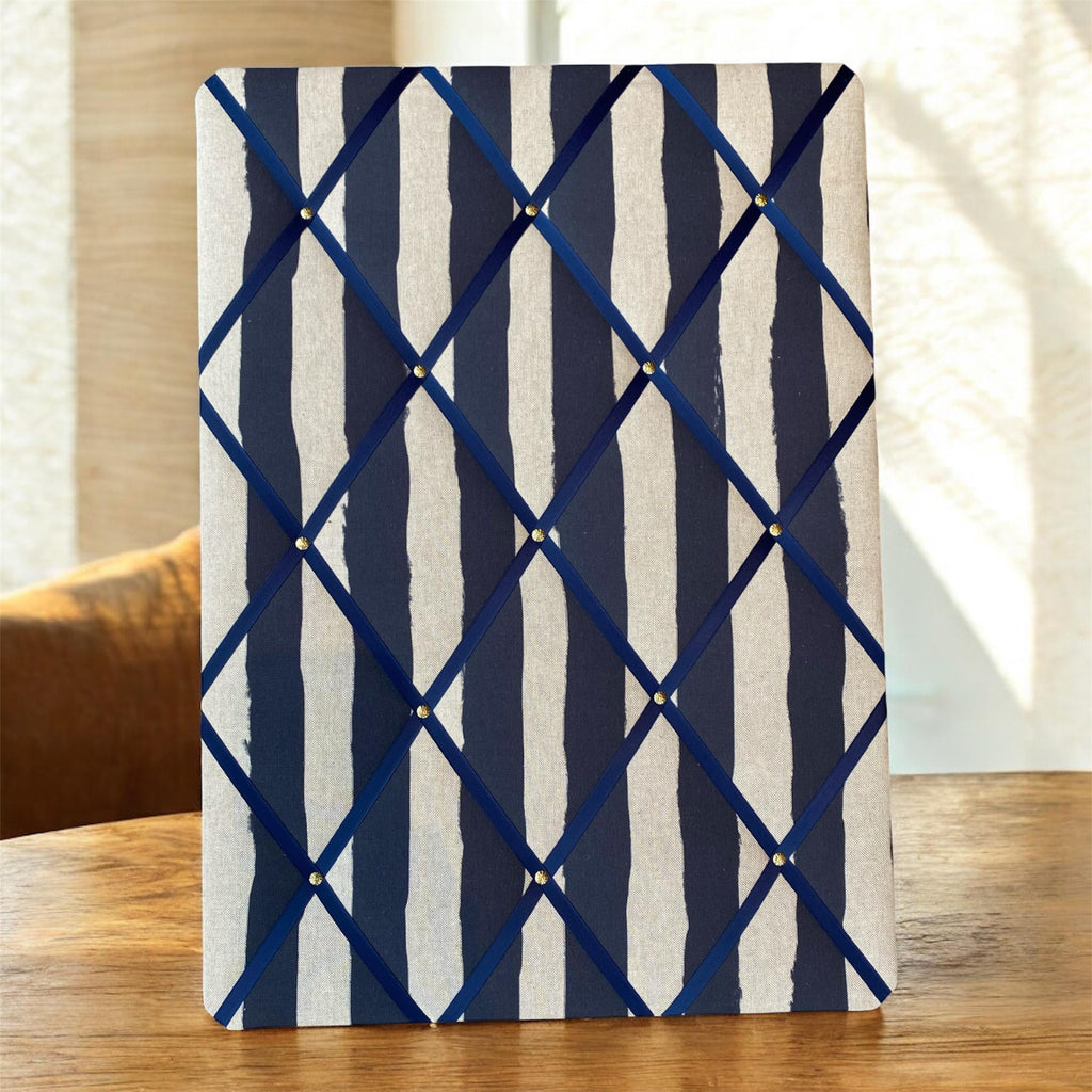 Handmade Linen and Ribbon Noticeboard ~ Stripes in Green or Blue ~ 3 Sizes