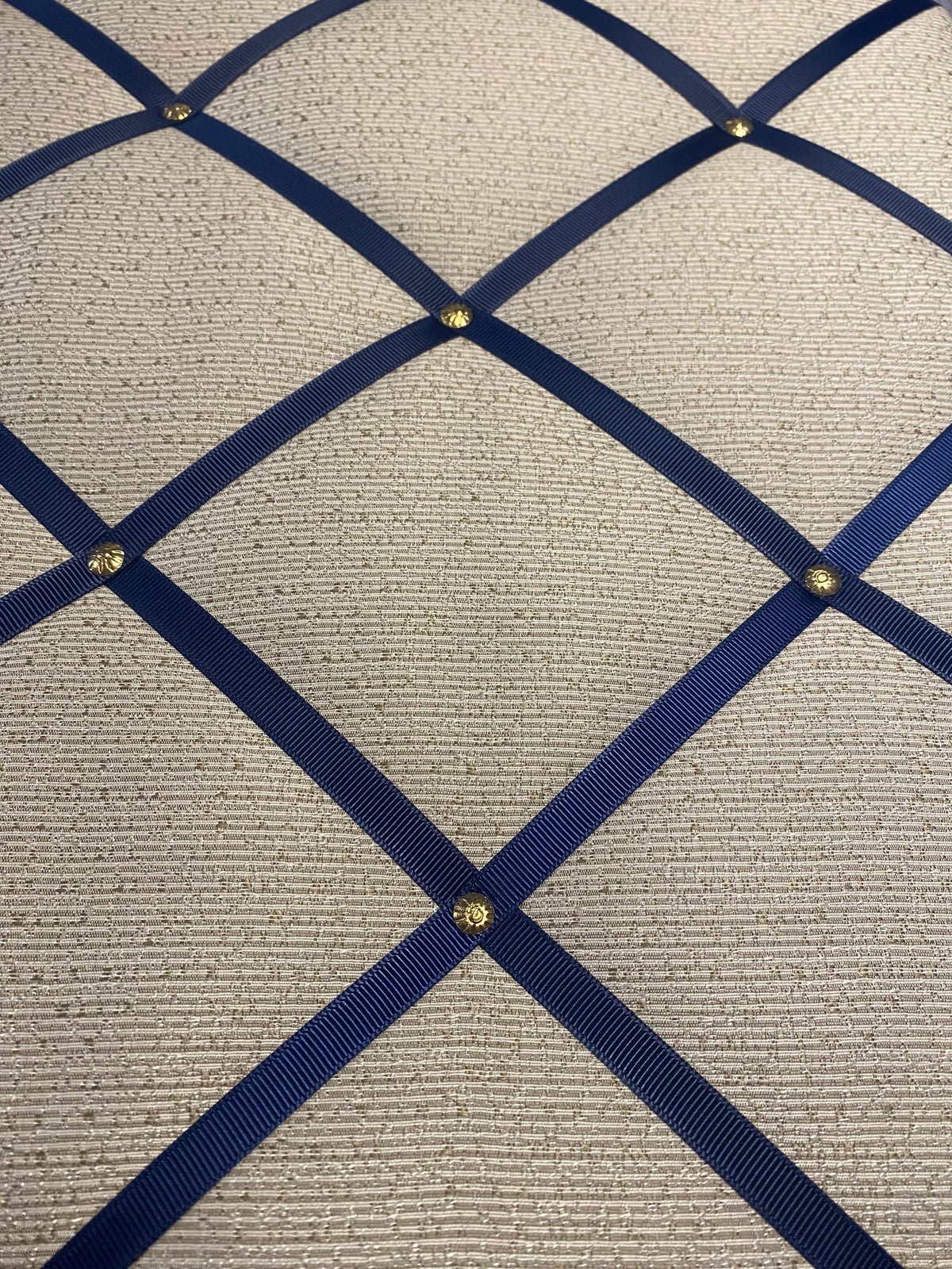 Handmade Fabric Noticeboard with Navy Ribbon and Brass Pins ~ Storage, Organisation and Display for Photos, Memos, and More ~ Office Decor