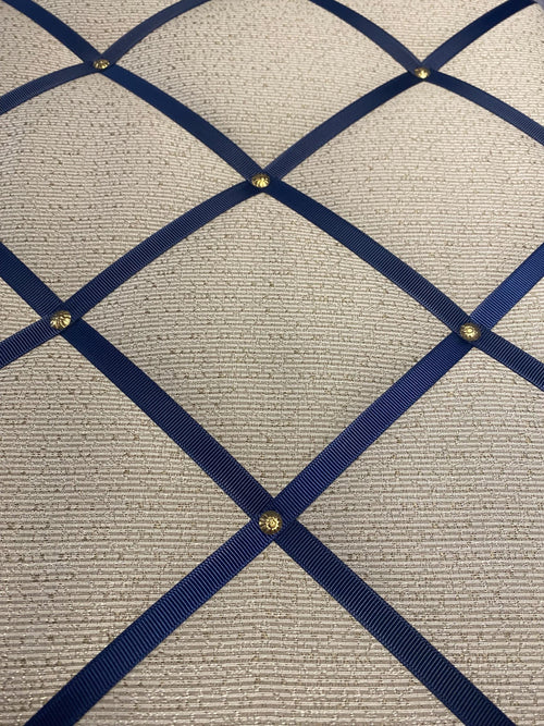 Handmade Fabric Noticeboard with Navy Ribbon and Brass Pins ~ Storage, Organisation and Display for Photos, Memos, and More ~ Office Decor