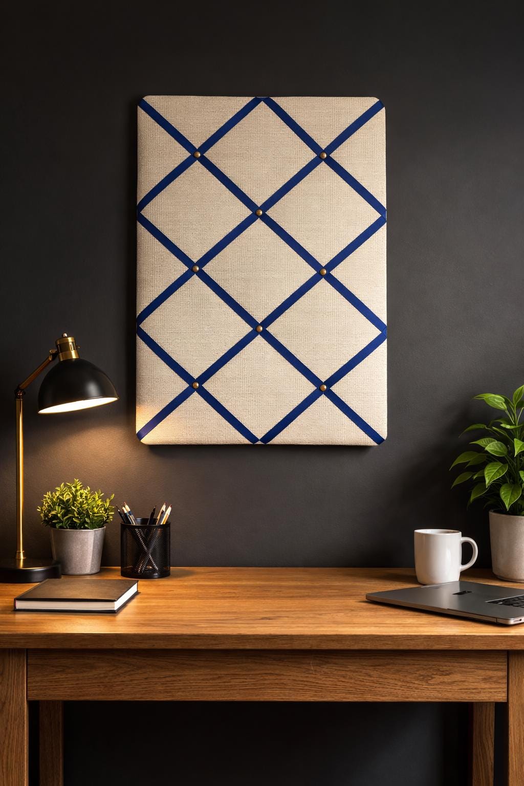 Handmade Fabric Noticeboard with Navy Ribbon and Brass Pins ~ Storage, Organisation and Display for Photos, Memos, and More ~ Office Decor