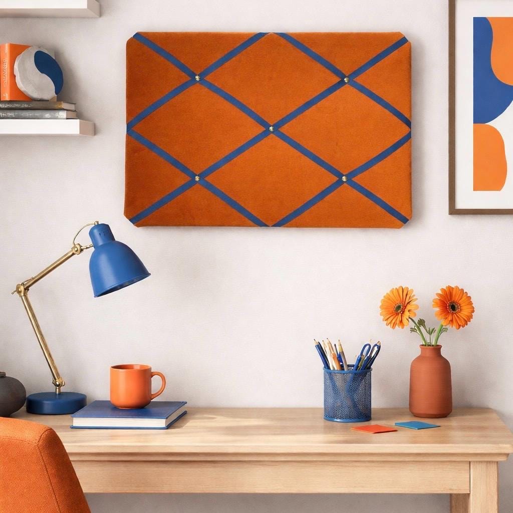 Orange Velvet Noticeboard with Blue Ribbon and Brass Pins ~ Storage, Organisation and Display for Photos, Memos, and More ~ Office Decor