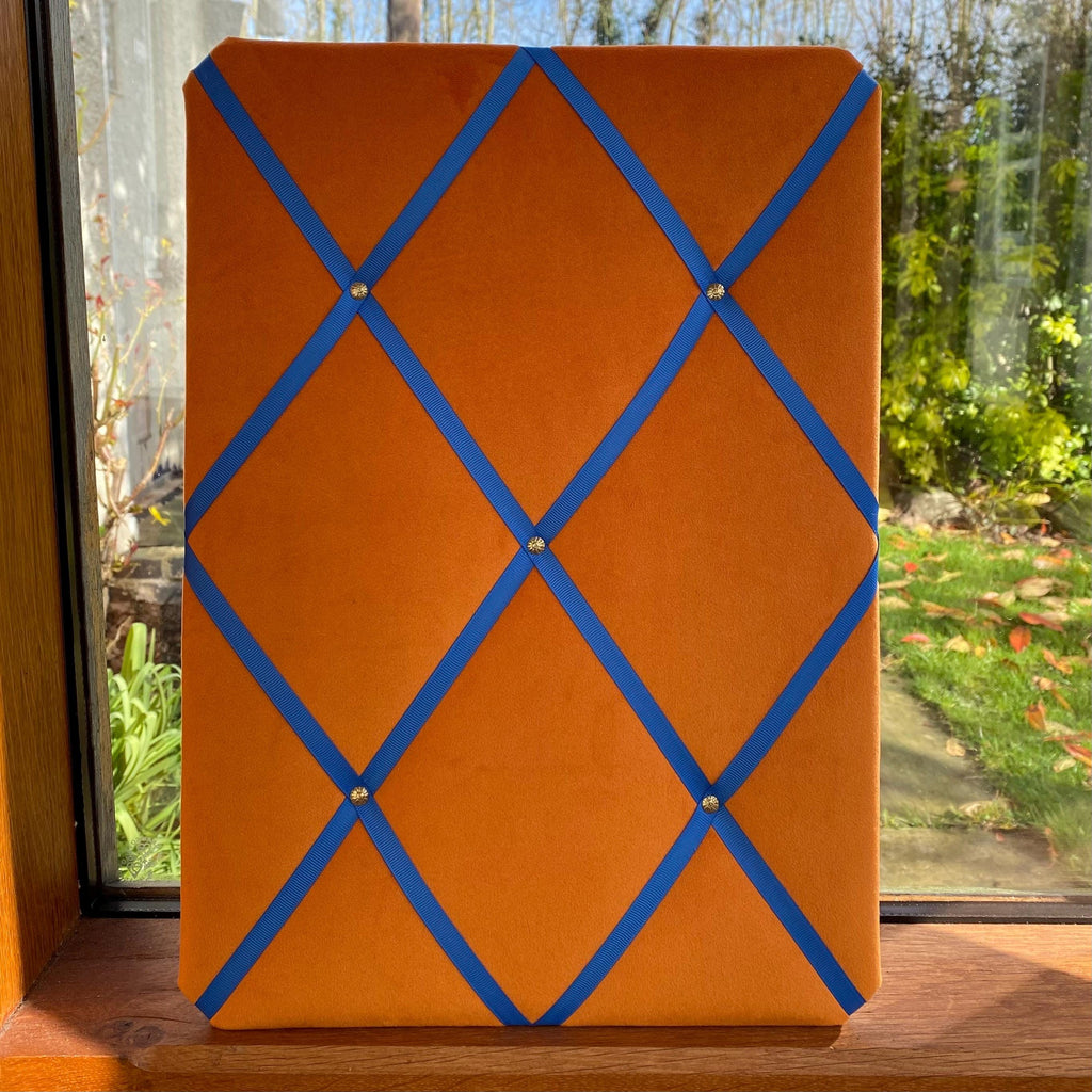 Orange Velvet Noticeboard with Blue Ribbon and Brass Pins ~ Storage, Organisation and Display for Photos, Memos, and More ~ Office Decor