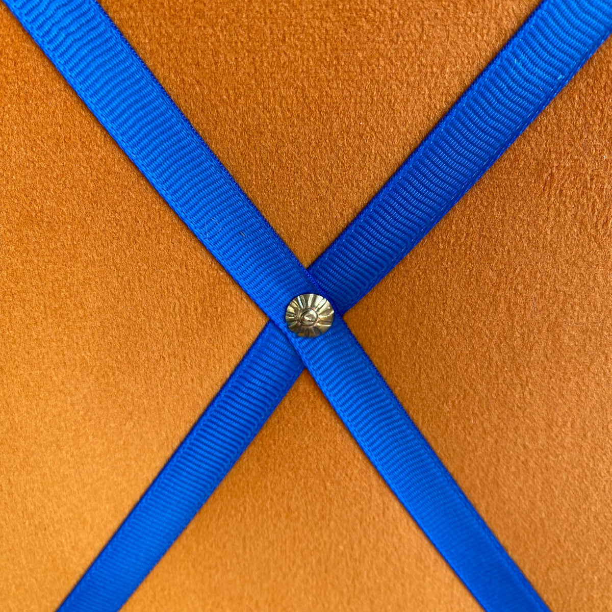 Orange Velvet Noticeboard with Blue Ribbon and Brass Pins ~ Storage, Organisation and Display for Photos, Memos, and More ~ Office Decor