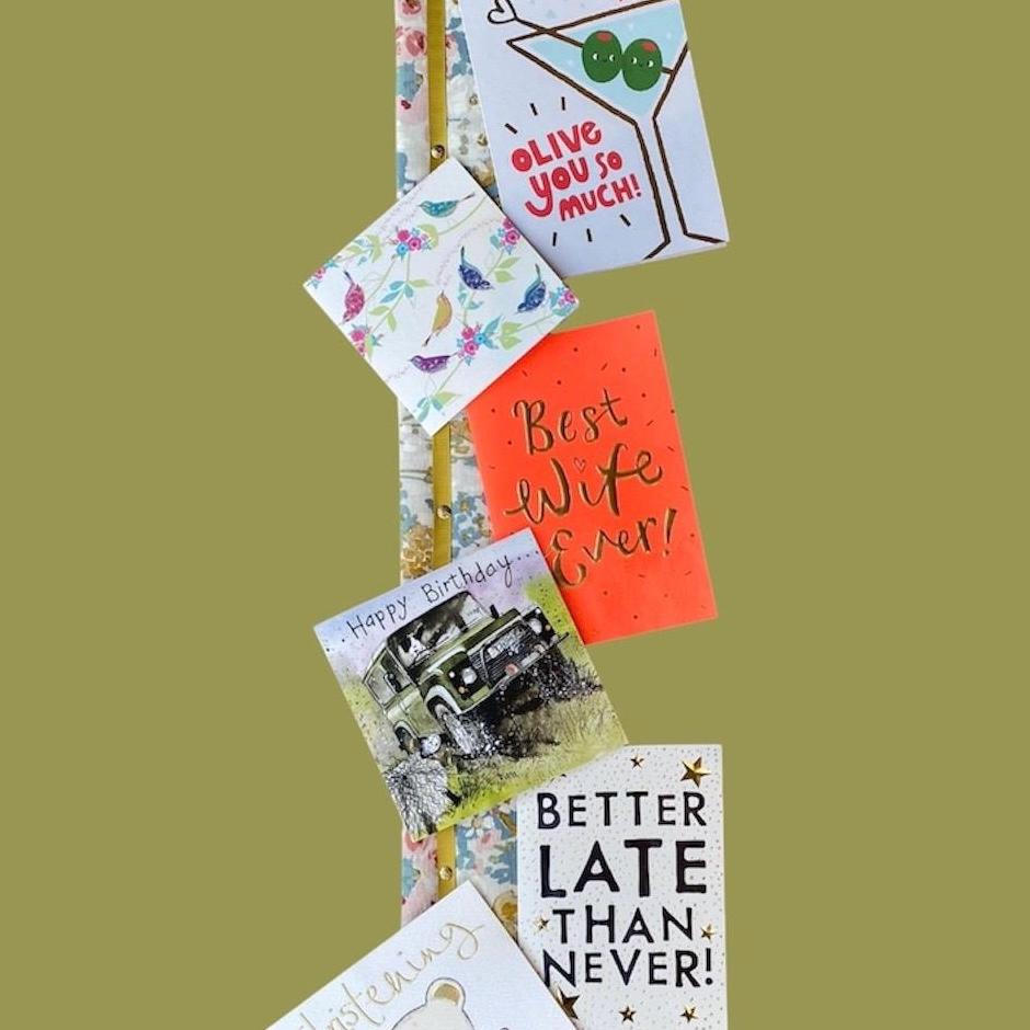 Slim Photo Memo Board 85cm – Ribbon Card Holder with Brass Pins – Wall Display