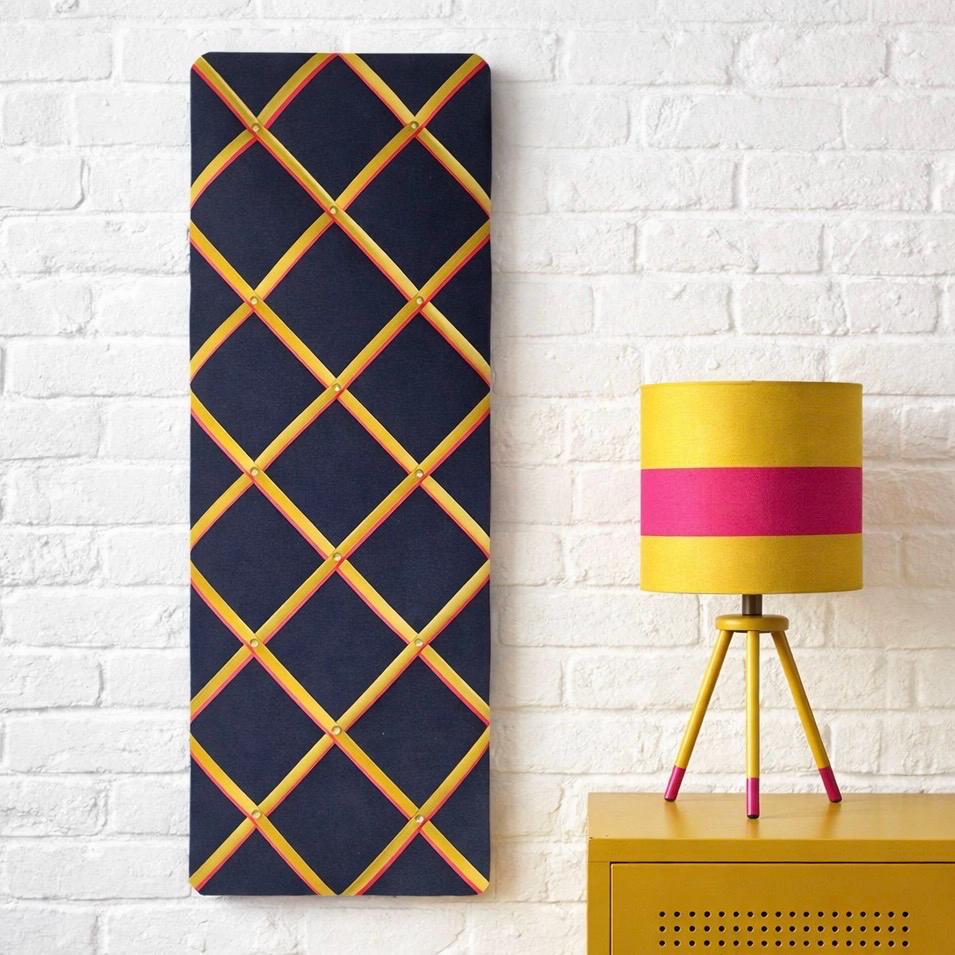 Large Navy Corduroy Noticeboard with Hot Pink and Mustard Yellow Ribbon  ~ Storage, Organisation and Display for Photos, Memos, and More