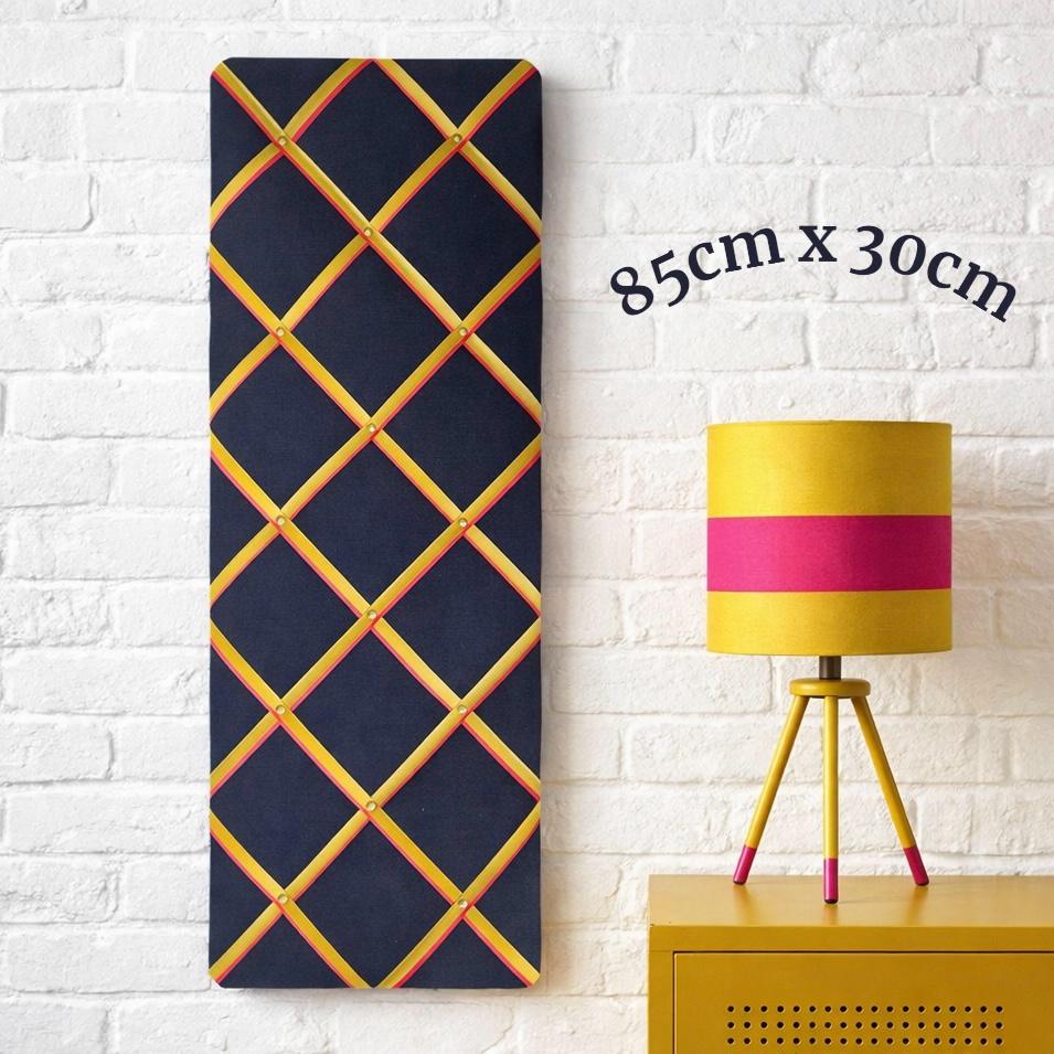 Large Navy Corduroy Noticeboard with Hot Pink and Mustard Yellow Ribbon  ~ Storage, Organisation and Display for Photos, Memos, and More
