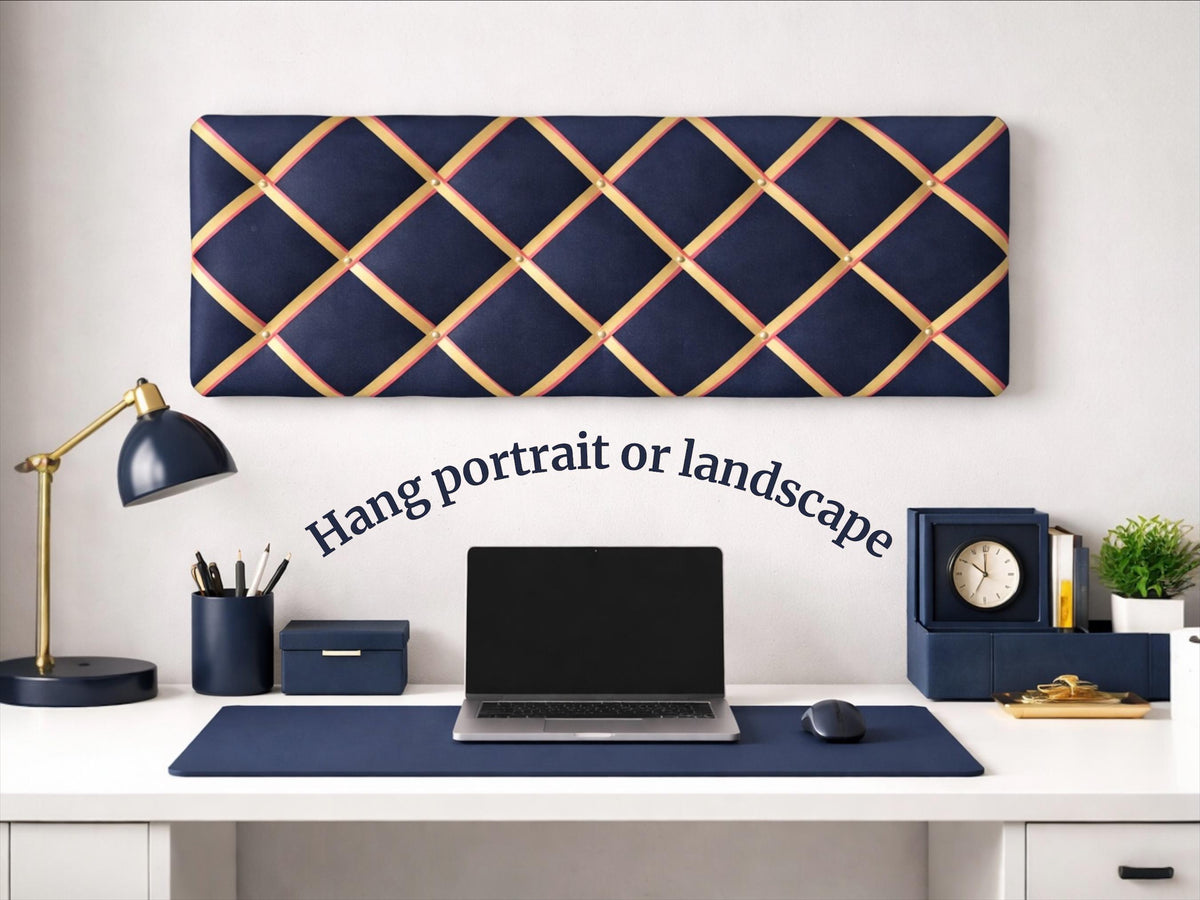 Large Navy Corduroy Noticeboard with Hot Pink and Mustard Yellow Ribbon  ~ Storage, Organisation and Display for Photos, Memos, and More