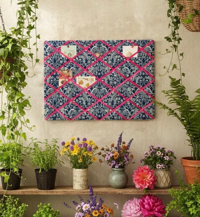 Handmade Fabric Noticeboard ~ Trailing Thistle in Navy, Hot Pink ribbon