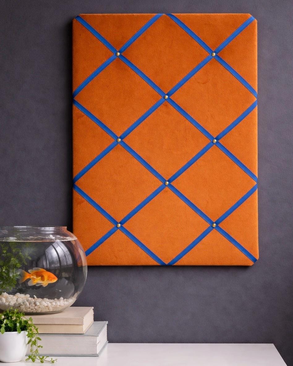 Orange Velvet Noticeboard with Blue Ribbon and Brass Pins ~ Storage, Organisation and Display for Photos, Memos, and More ~ Office Decor