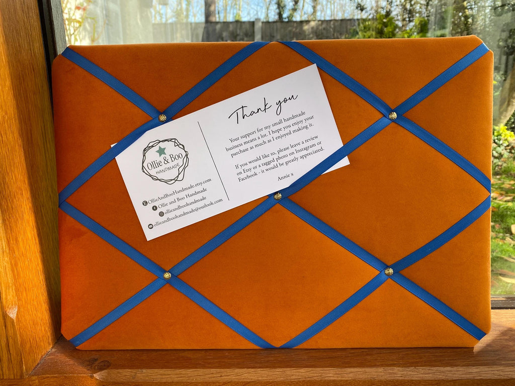 Orange Velvet Noticeboard with Blue Ribbon and Brass Pins ~ Storage, Organisation and Display for Photos, Memos, and More ~ Office Decor