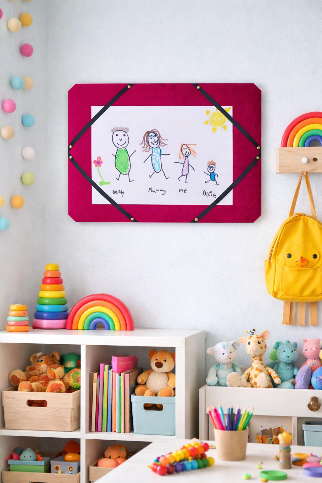 Fabric display board for showing notices, artwork or certificates. Great for kids. Poster or photo display.