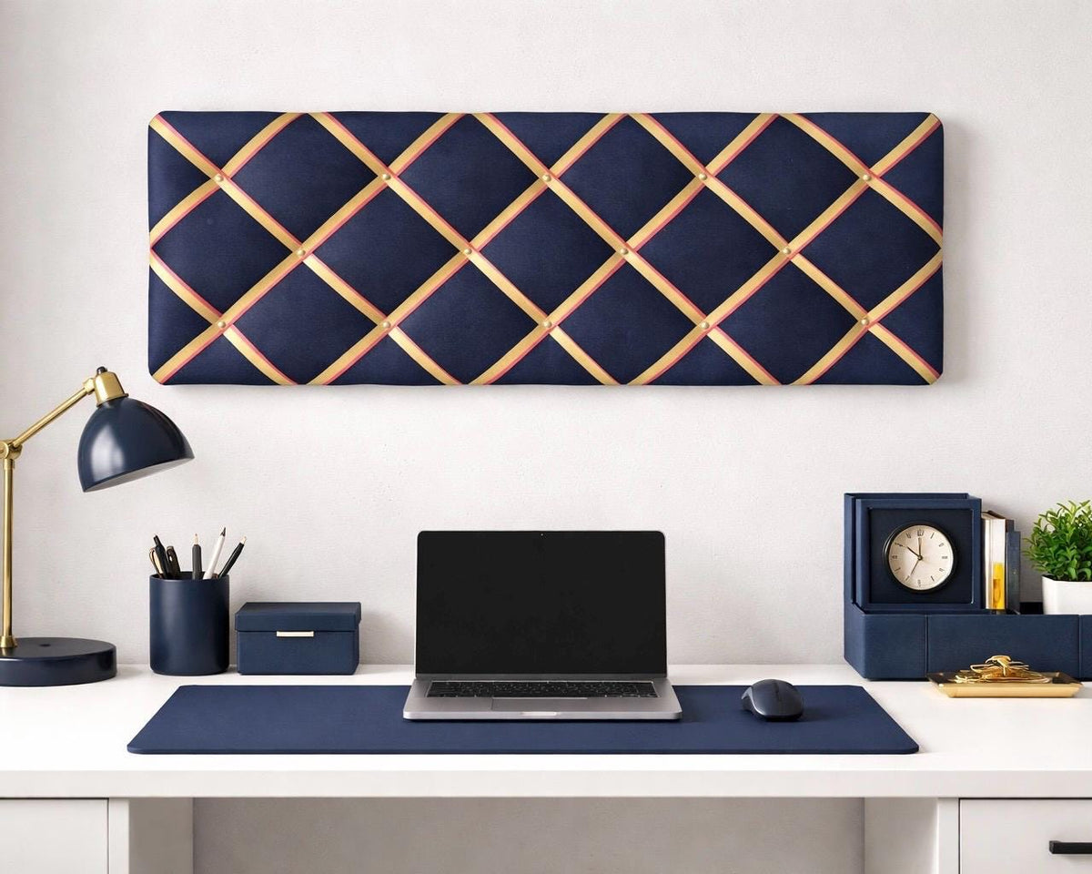 Large Navy Corduroy Noticeboard with Hot Pink and Mustard Yellow Ribbon  ~ Storage, Organisation and Display for Photos, Memos, and More