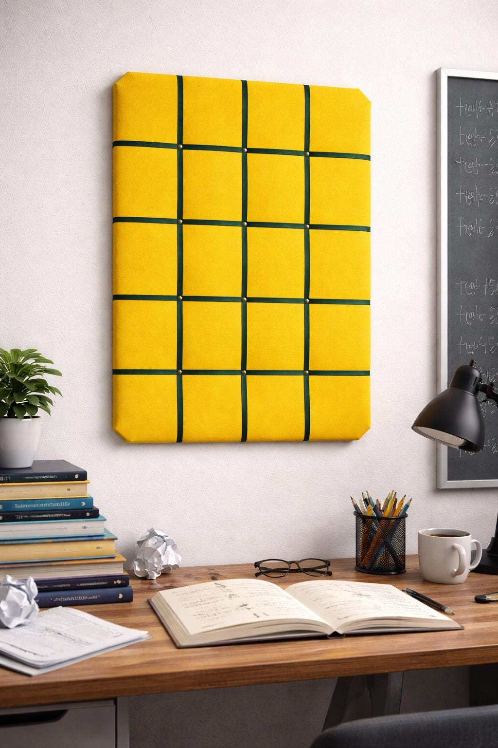 Yellow velvet fabric noticeboard for memos, photos, business cards. Green ribbon in square grid pattern. Great display board.