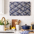 Handmade Fabric Memo Noticeboard ~ Floral Design in Denim Dark Blue with Matching Ribbon