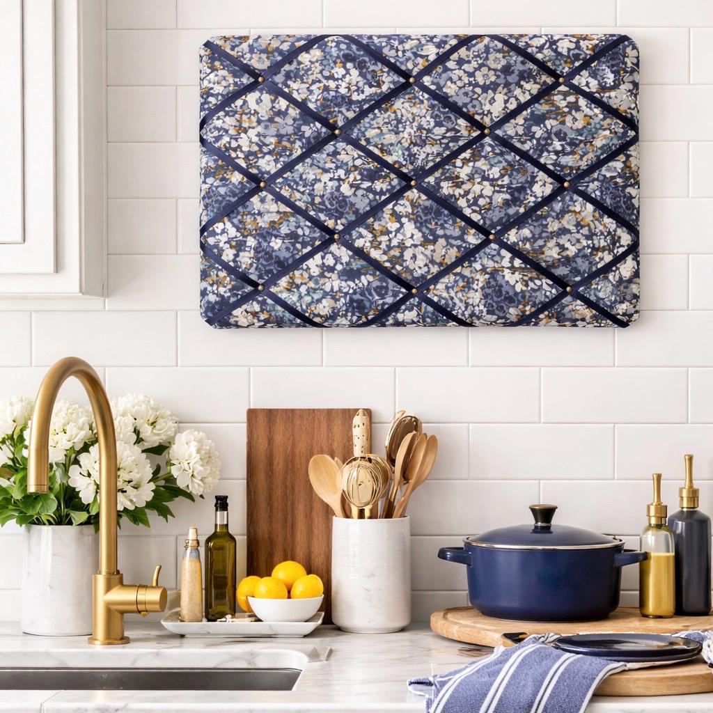 Handmade Fabric Memo Noticeboard ~ Floral Design in Denim Dark Blue with Matching Ribbon