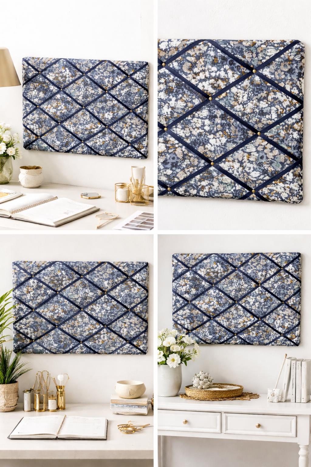 Handmade Fabric Memo Noticeboard ~ Floral Design in Denim Dark Blue with Matching Ribbon