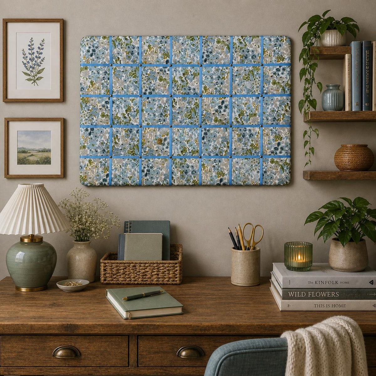 Handmade Fabric Noticeboard ~ Floral design with blue ribbon in a square pattern