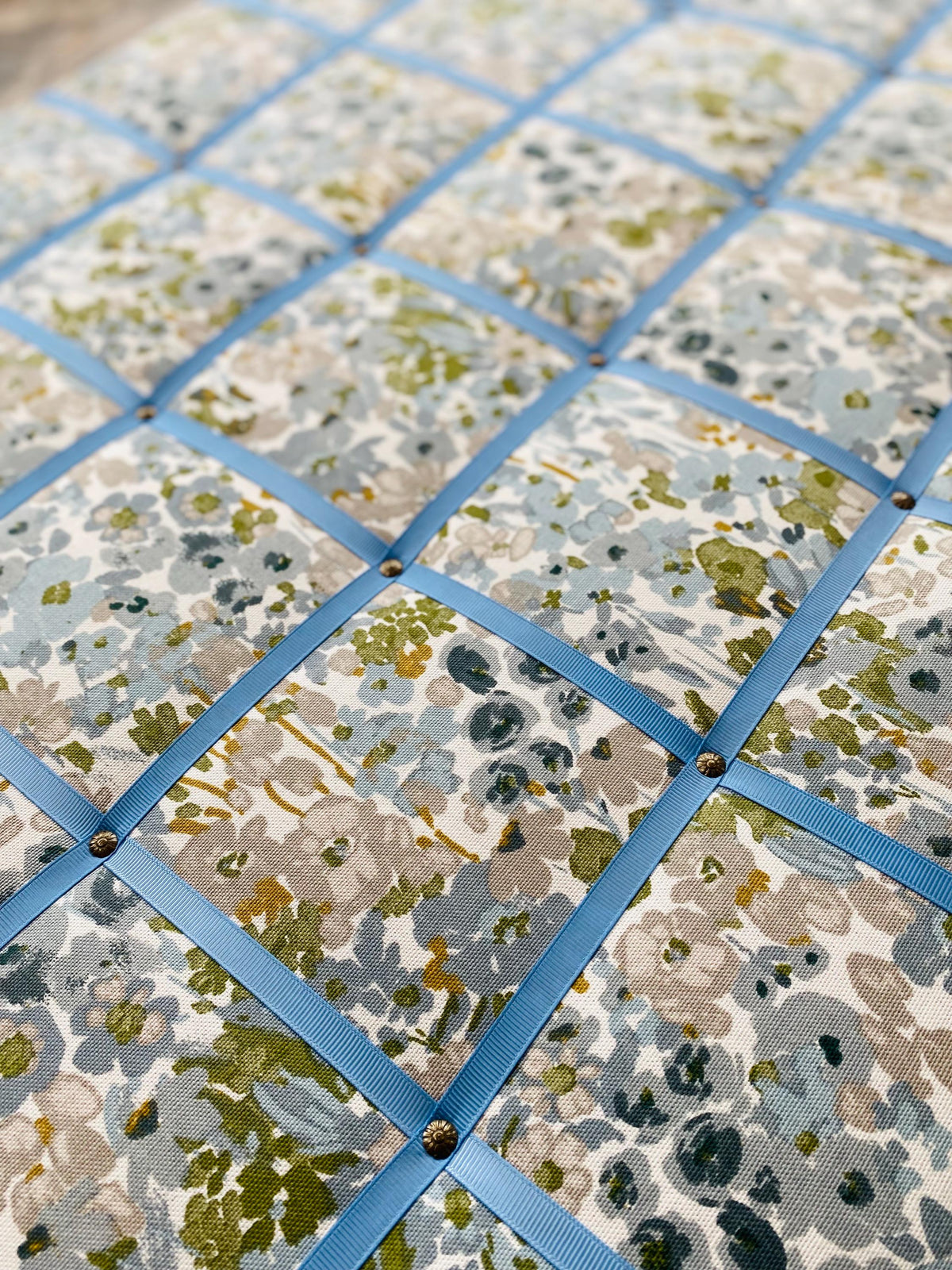 Handmade Fabric Noticeboard ~ Floral design with blue ribbon in a square pattern