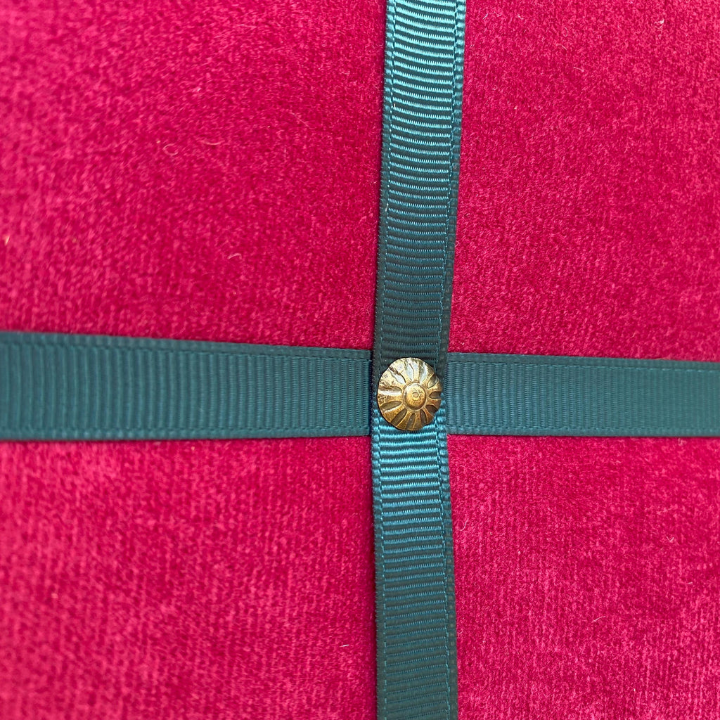 Magenta fabric noticeboard with teal ribbon in a modern square design. Holds memos, photos, notes and more. Handmade with local fabric.
