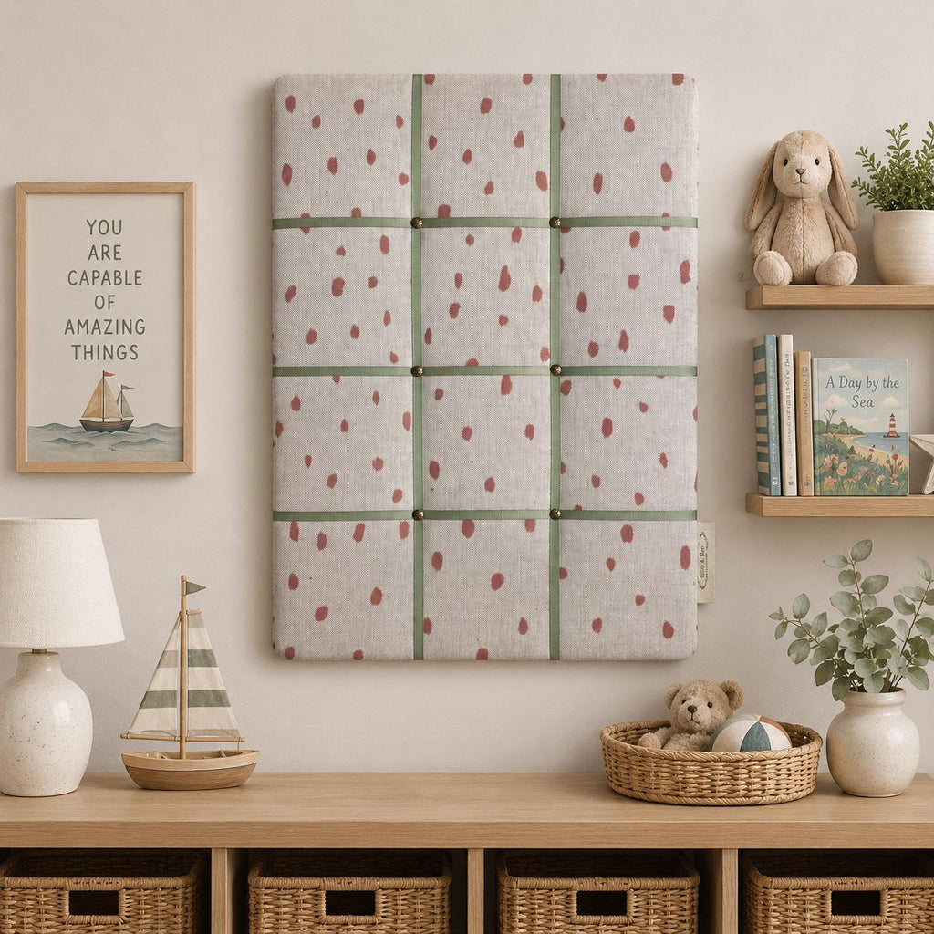 Handmade Fabric Noticeboard: Rose Linen Painted Spot with Sage Green Ribbon - storage and organisation for photos, notes, cards
