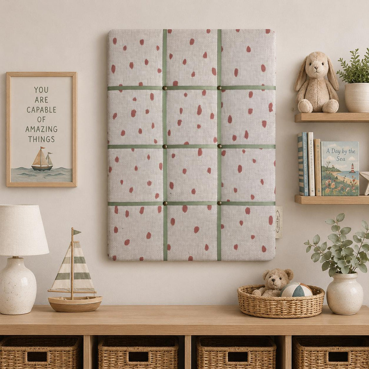 Handmade Fabric Noticeboard: Rose Linen Painted Spot with Sage Green Ribbon - storage and organisation for photos, notes, cards