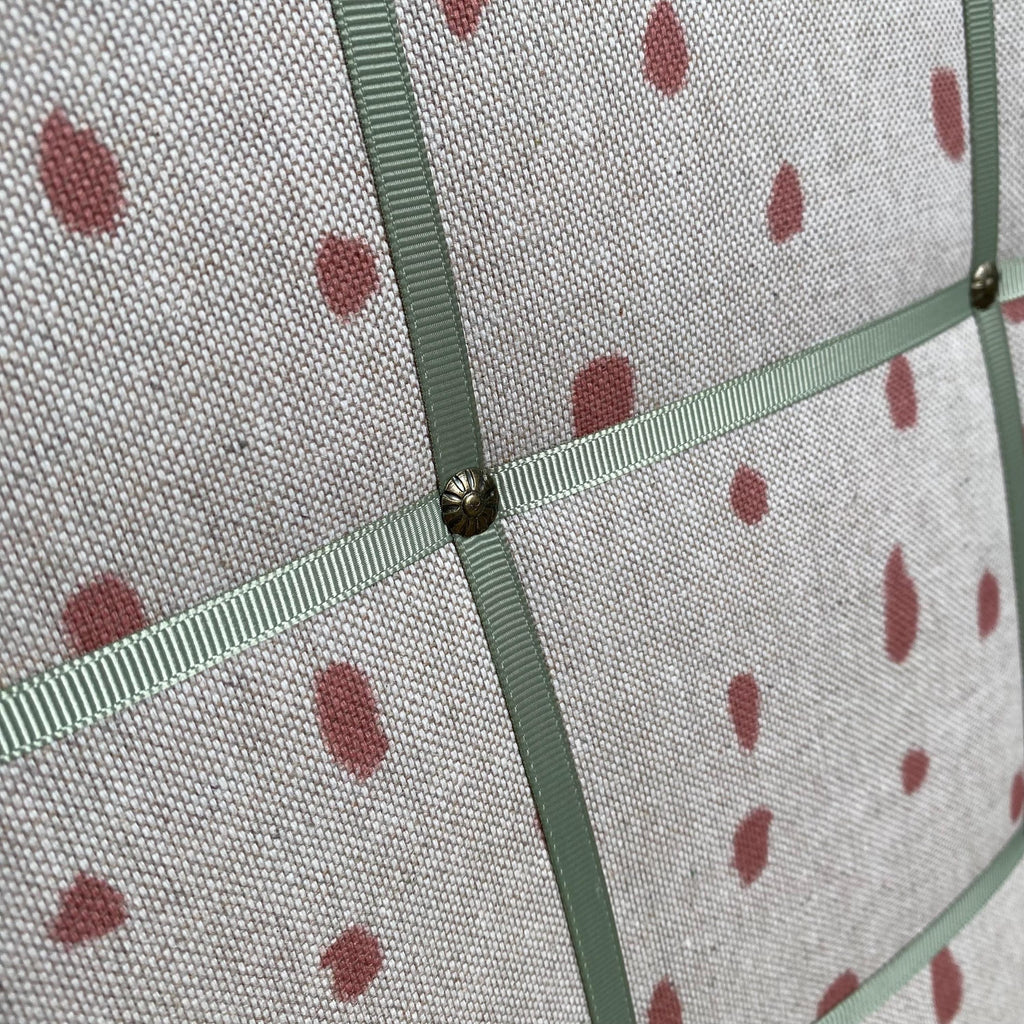 Handmade Fabric Noticeboard: Rose Linen Painted Spot with Sage Green Ribbon - storage and organisation for photos, notes, cards