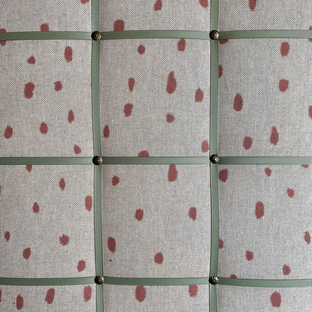 Handmade Fabric Noticeboard: Rose Linen Painted Spot with Sage Green Ribbon - storage and organisation for photos, notes, cards
