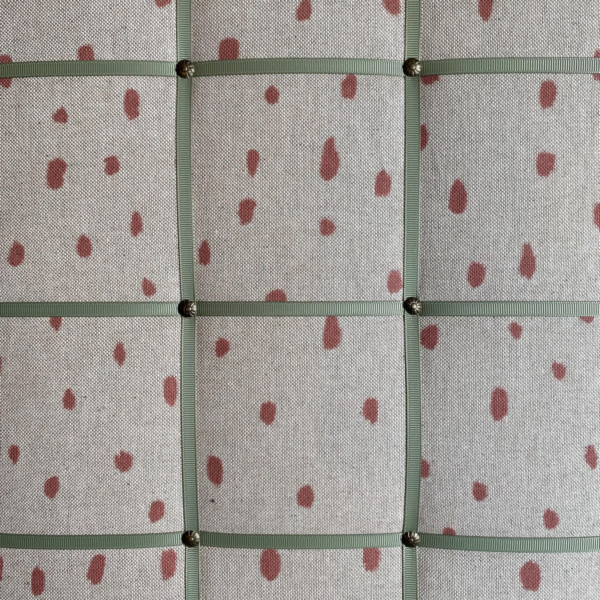 Handmade Fabric Noticeboard: Rose Linen Painted Spot with Sage Green Ribbon - storage and organisation for photos, notes, cards