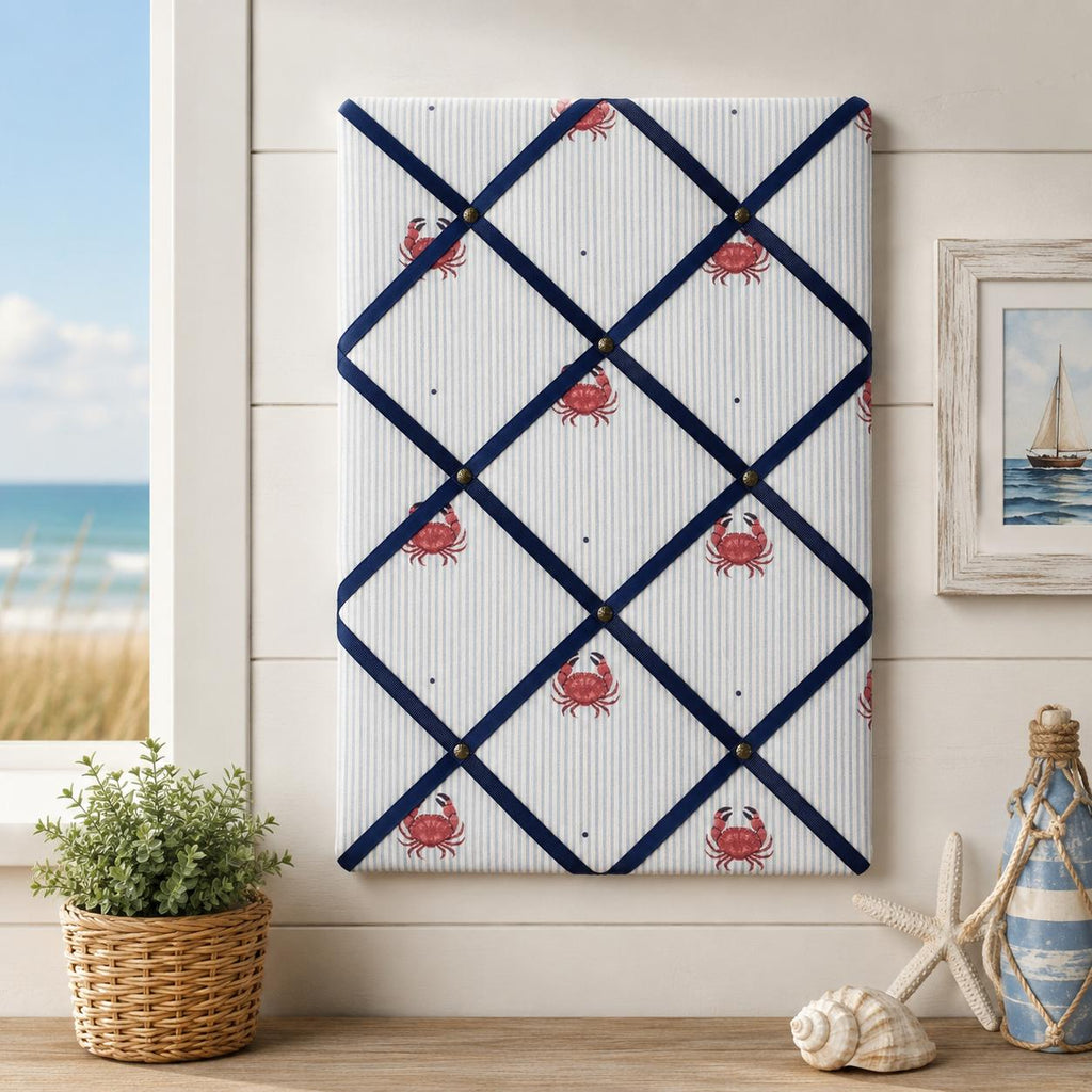 Handmade Fabric Noticeboard: Crab Seaside Linen with Navy Ribbon - storage and organisation for photos, notes, cards