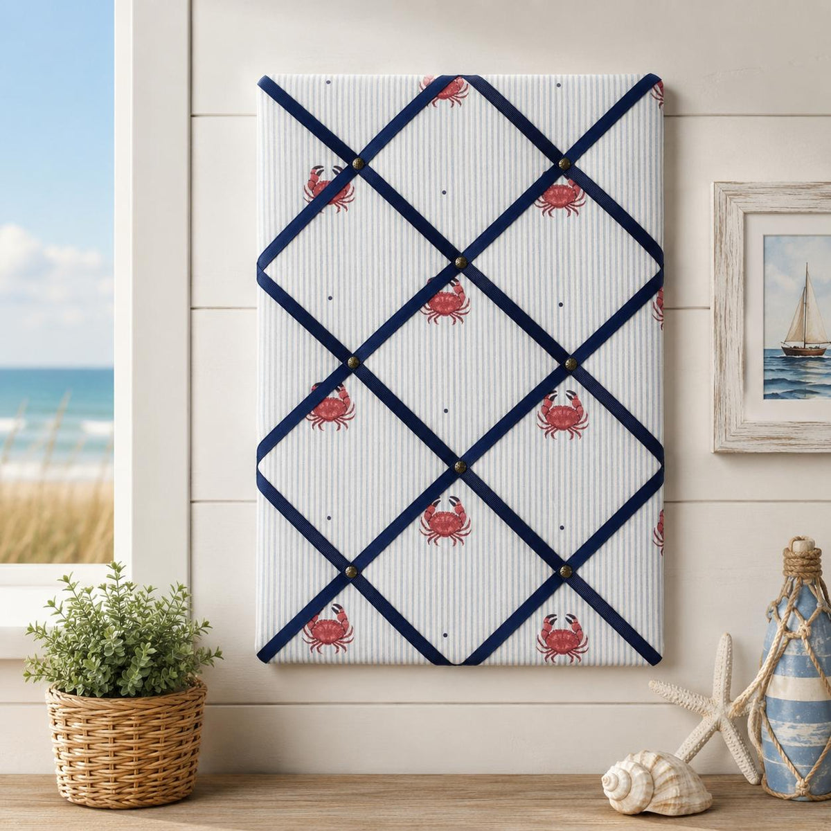 Handmade Fabric Noticeboard: Crab Seaside Linen with Navy Ribbon - storage and organisation for photos, notes, cards
