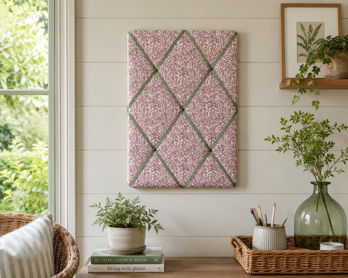 Handmade Fabric Noticeboard ~ Pink Floral with Sage Green ribbon ~ memos, photos, notes storage organisation