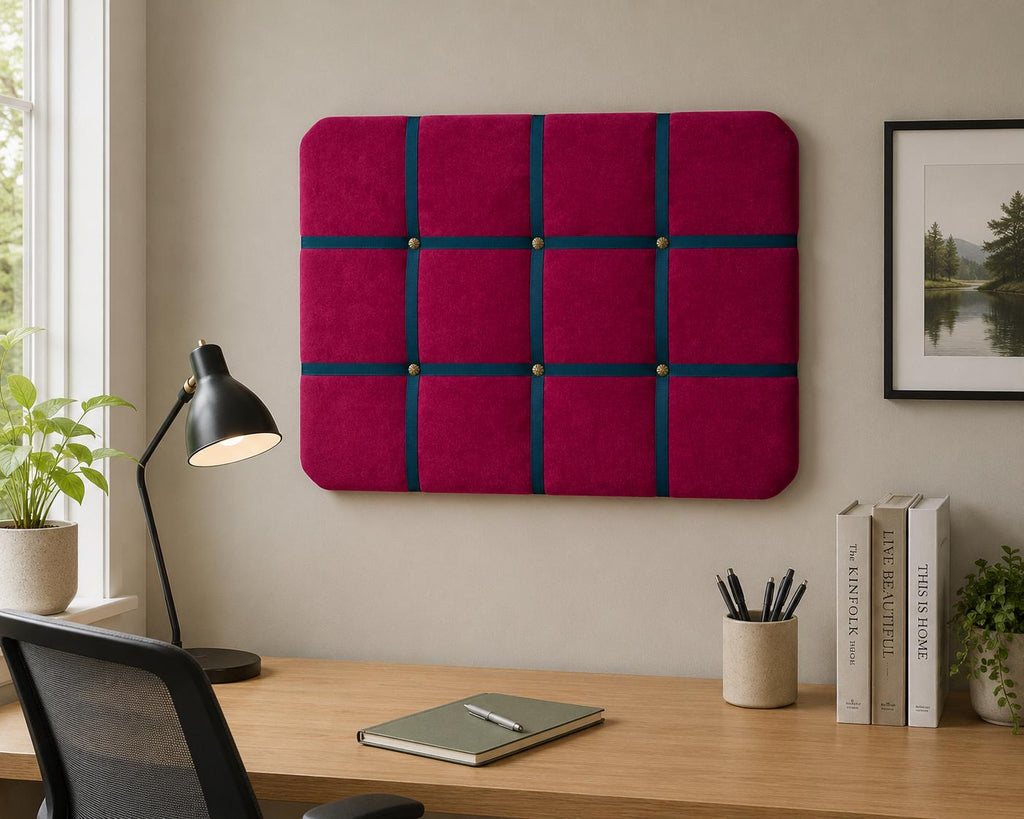 Magenta fabric noticeboard with teal ribbon in a modern square design. Holds memos, photos, notes and more. Handmade with local fabric.
