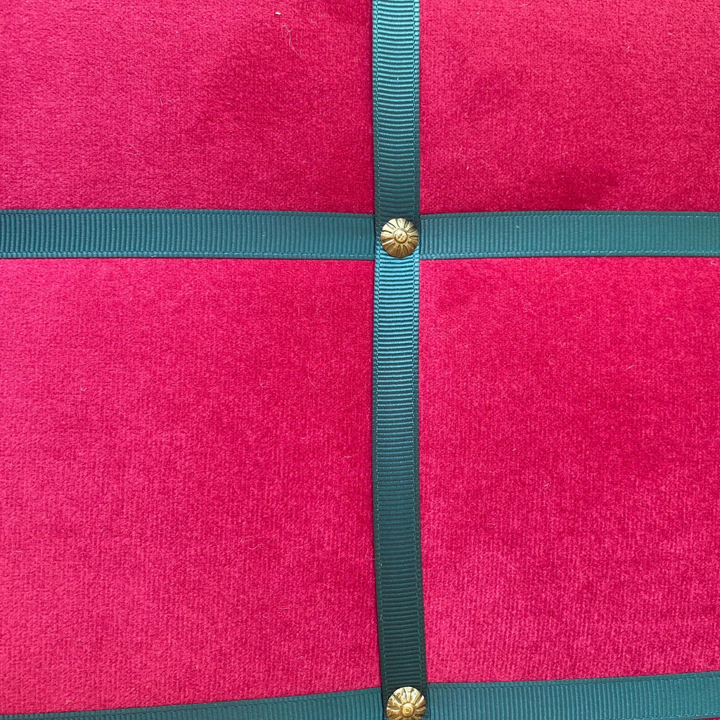Magenta fabric noticeboard with teal ribbon in a modern square design. Holds memos, photos, notes and more. Handmade with local fabric.