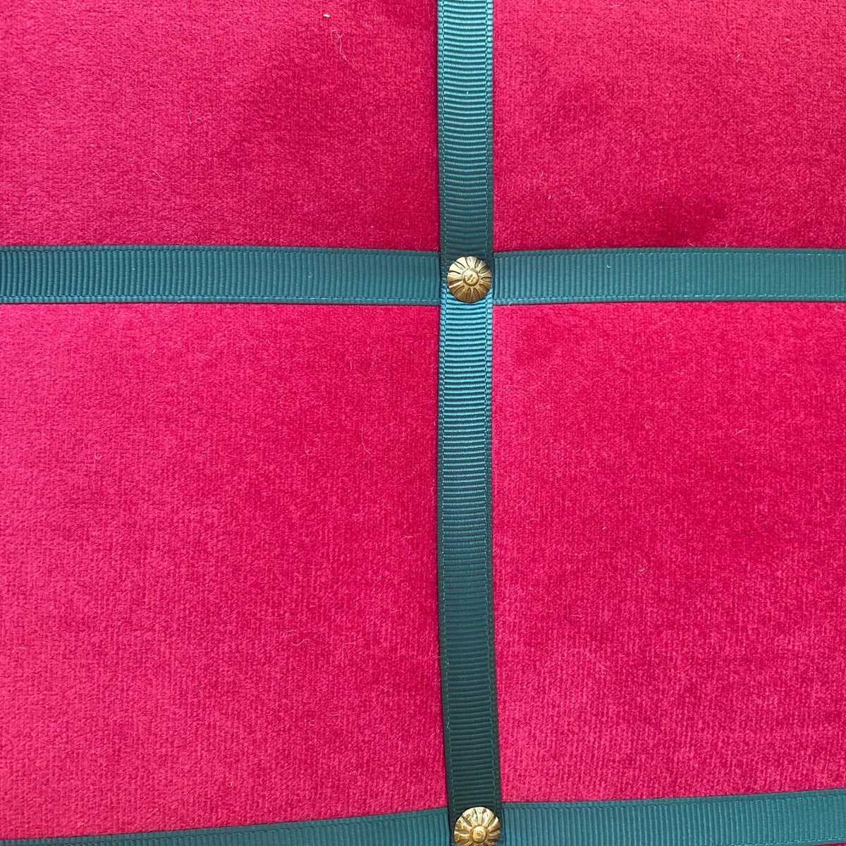 Magenta fabric noticeboard with teal ribbon in a modern square design. Holds memos, photos, notes and more. Handmade with local fabric.