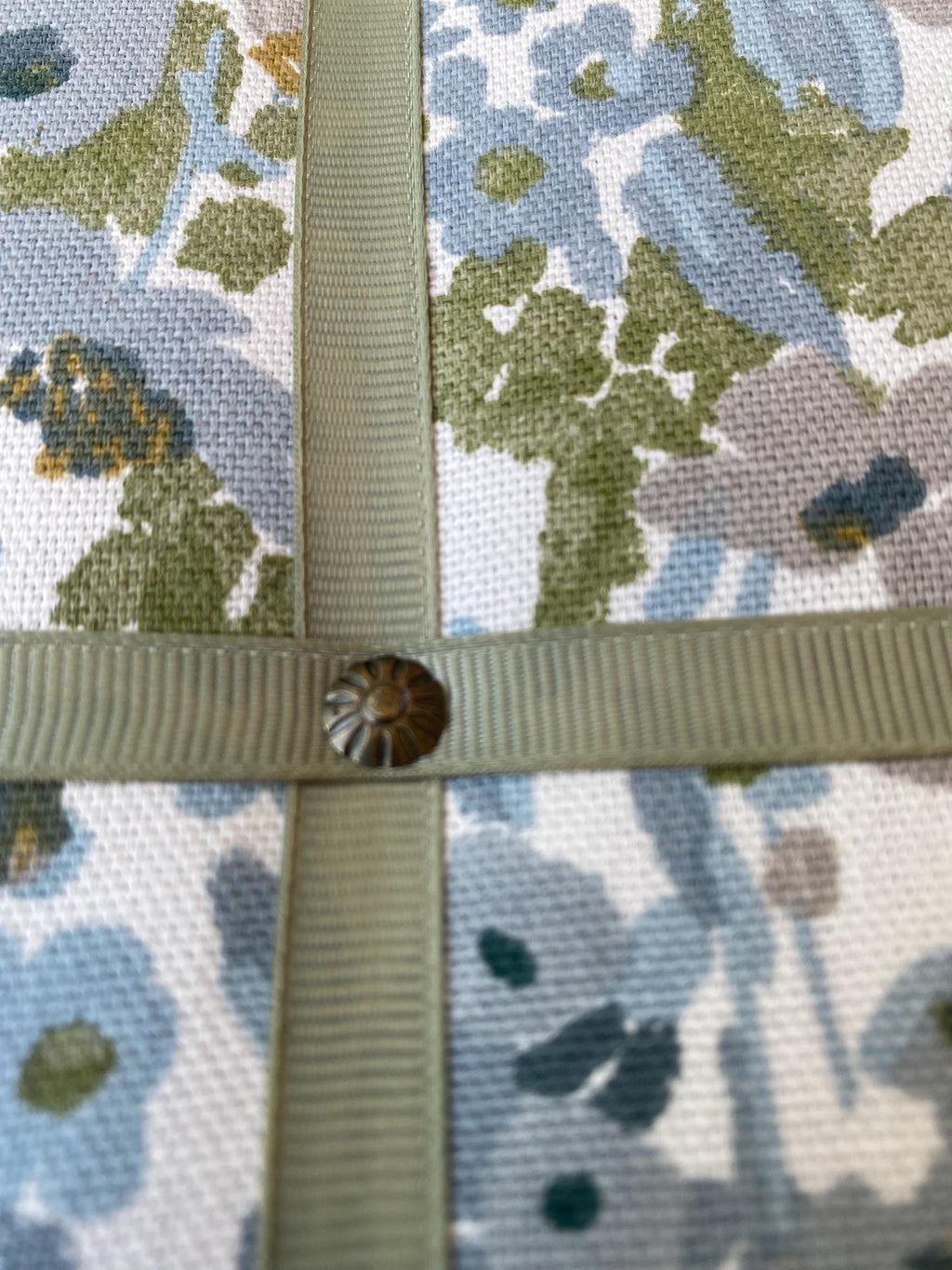 Handmade Fabric Noticeboard ~ Floral design with sage green ribbon in a modern square pattern ~ holds photos, notes, memos, postcards