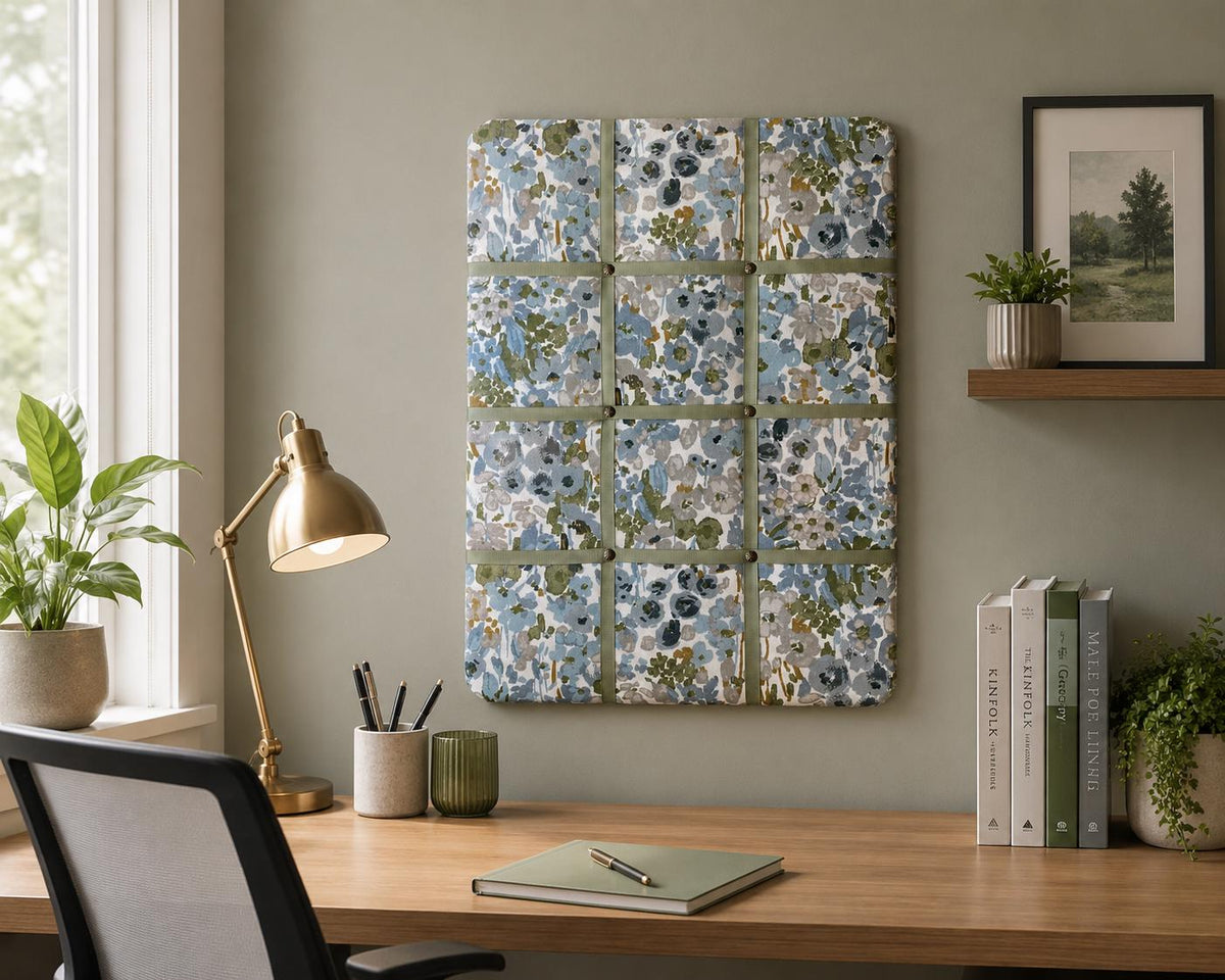 Handmade Fabric Noticeboard ~ Floral design with sage green ribbon in a modern square pattern ~ holds photos, notes, memos, postcards