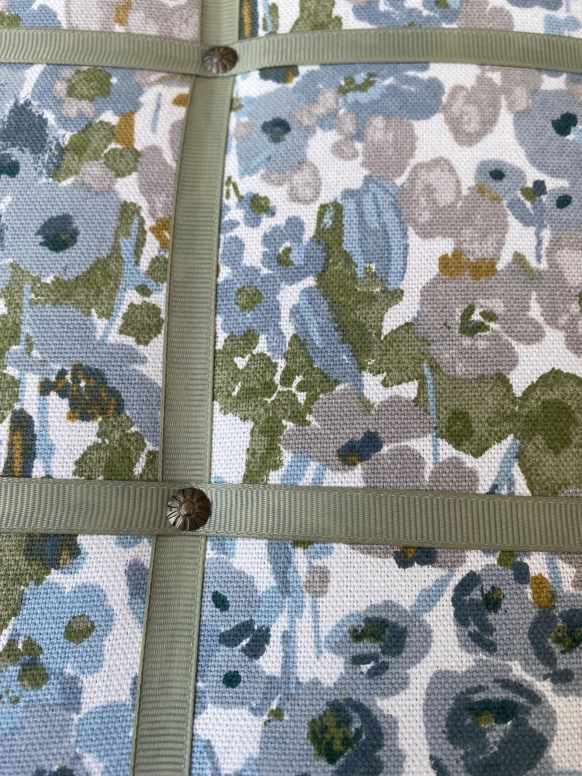 Handmade Fabric Noticeboard ~ Floral design with sage green ribbon in a modern square pattern ~ holds photos, notes, memos, postcards