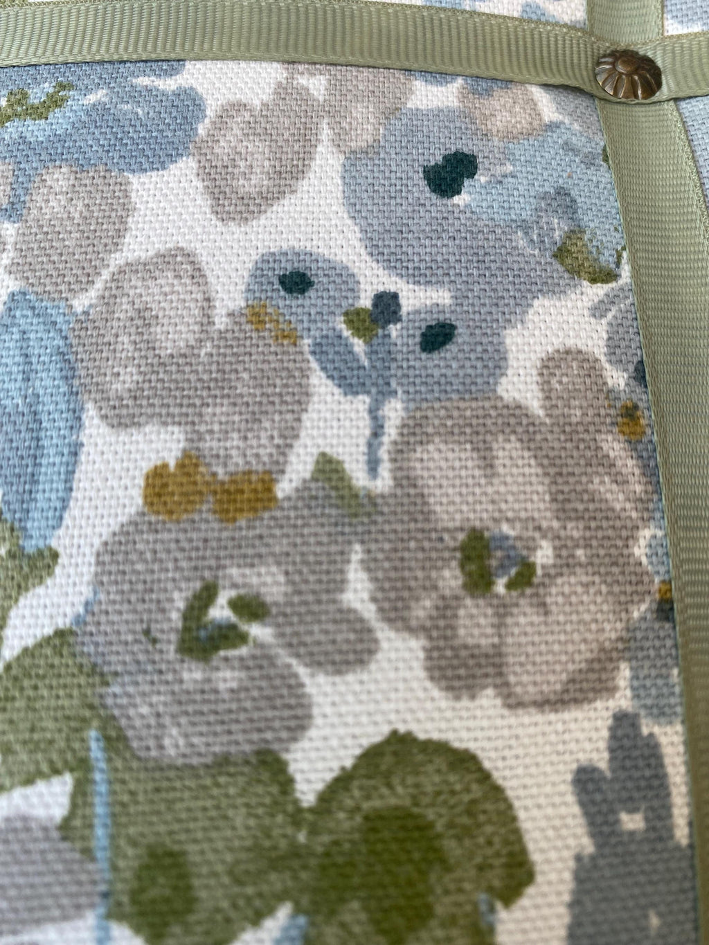 Handmade Fabric Noticeboard ~ Floral design with sage green ribbon in a modern square pattern ~ holds photos, notes, memos, postcards