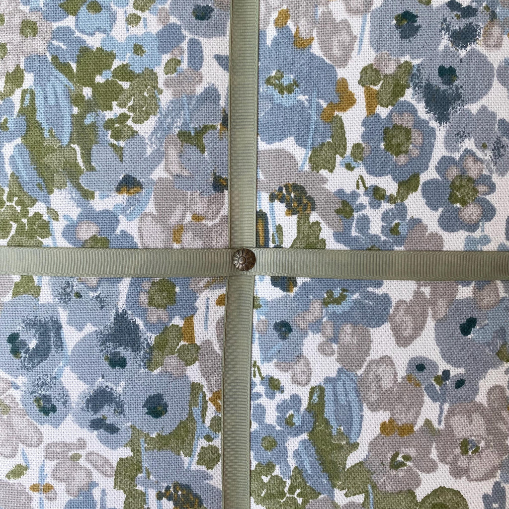 Handmade Fabric Noticeboard ~ Floral design with sage green ribbon in a modern square pattern ~ holds photos, notes, memos, postcards