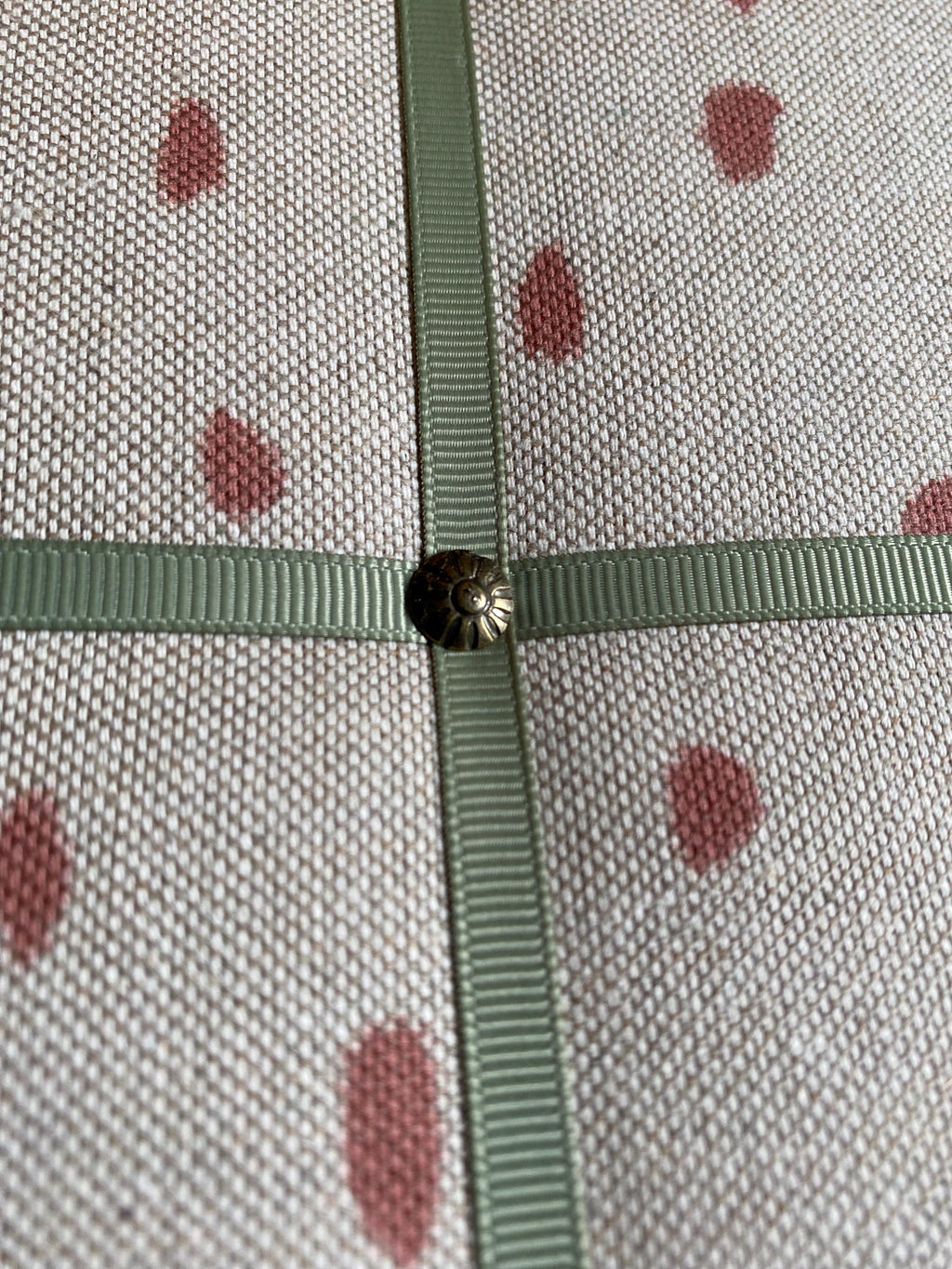 Handmade Fabric Noticeboard: Rose Linen Painted Spot with Sage Green Ribbon - storage and organisation for photos, notes, cards
