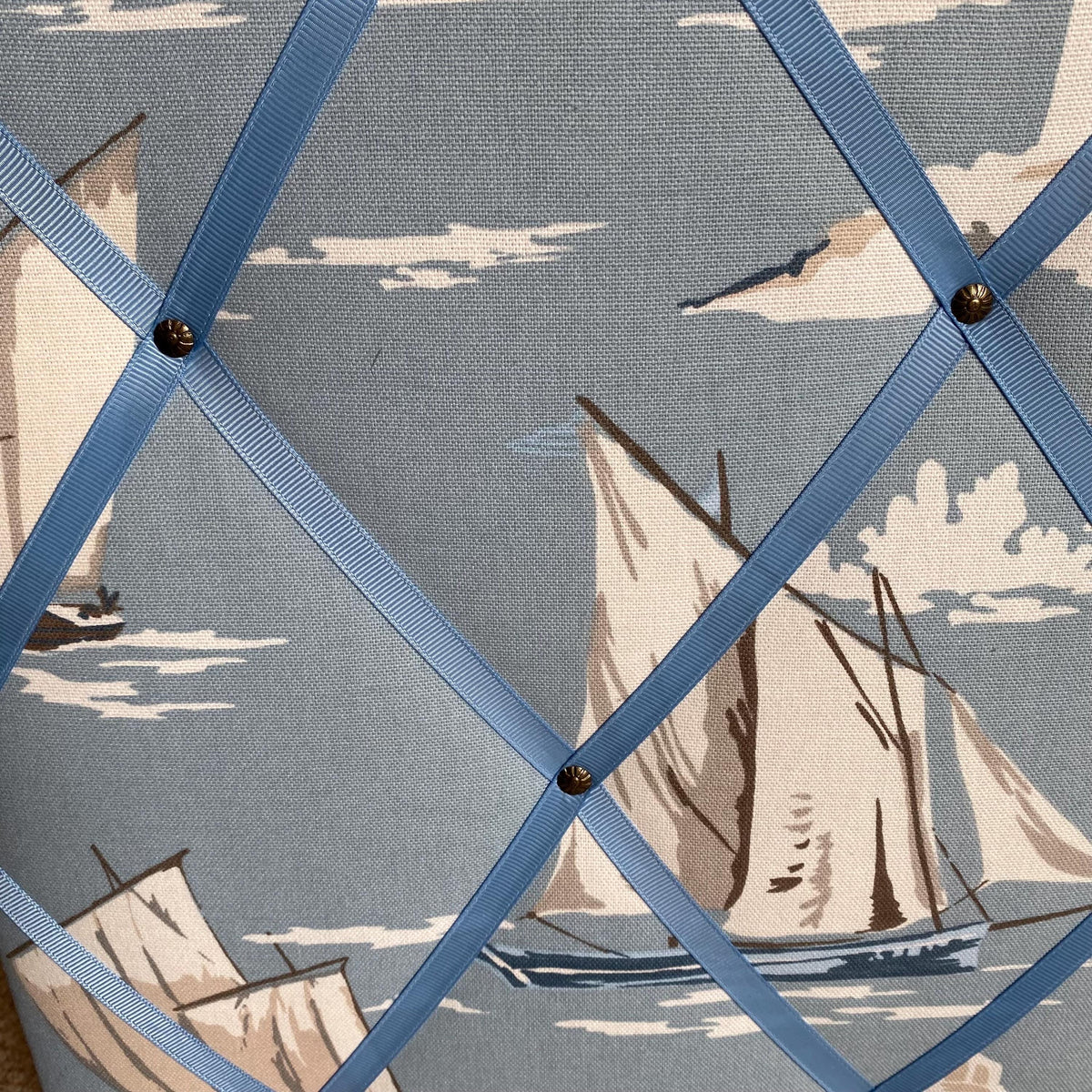 Handmade Fabric Noticeboard: Nautical Boat Seaside Linen with Blue Ribbon - storage and organisation for photos, notes, cards