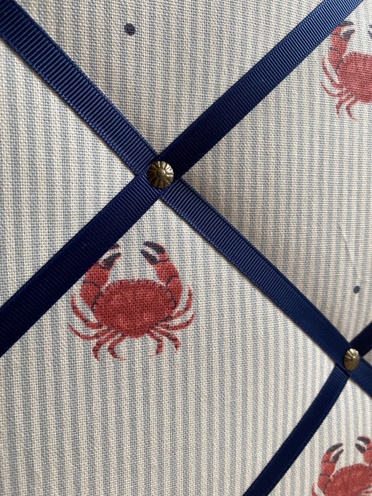 Handmade Fabric Noticeboard: Crab Seaside Linen with Navy Ribbon - storage and organisation for photos, notes, cards