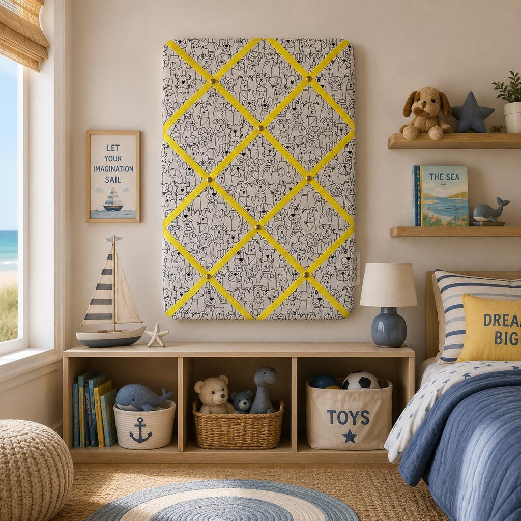Handmade Fabric Noticeboard: Dog Themed Linen with Yellow Ribbon - storage and organisation for photos, notes, cards