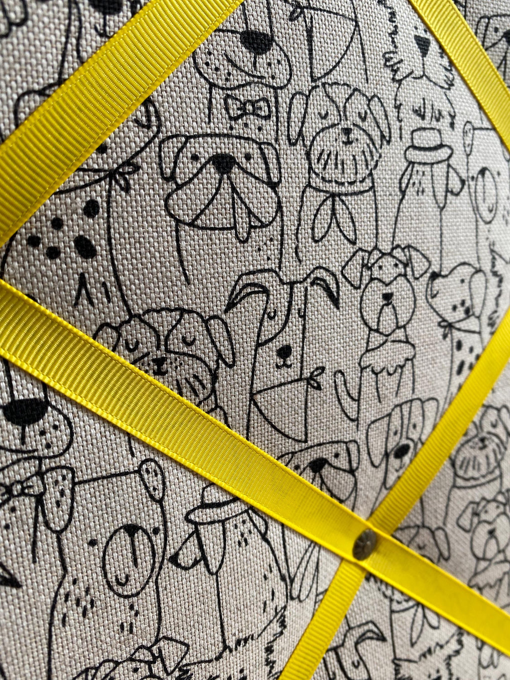 Handmade Fabric Noticeboard: Dog Themed Linen with Yellow Ribbon - storage and organisation for photos, notes, cards