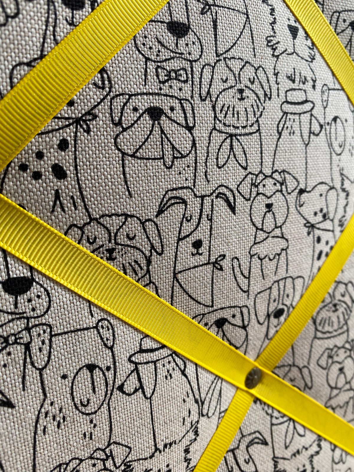 Handmade Fabric Noticeboard: Dog Themed Linen with Yellow Ribbon - storage and organisation for photos, notes, cards