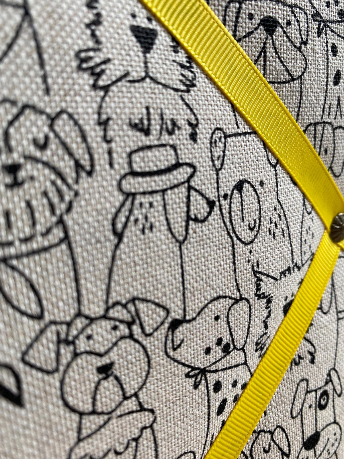Handmade Fabric Noticeboard: Dog Themed Linen with Yellow Ribbon - storage and organisation for photos, notes, cards